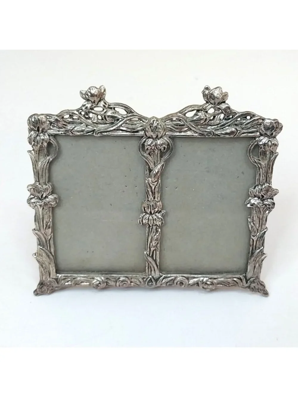 Vintage Pewter Double Picture Frame Ornate Floral Art Nouveau Fits 2